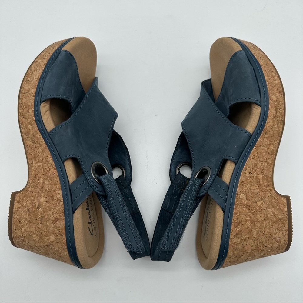 Clarks Giselle Navy Leather Wedge Sandals - Picture 6 of 9